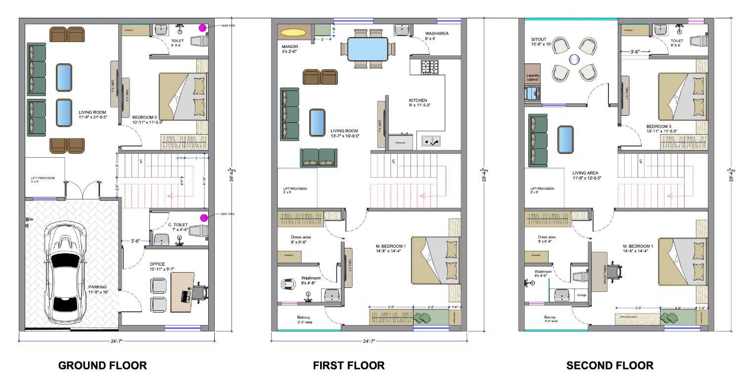 25 × 40 FT floor plan blueprint - Standard Urban Duplex Plan