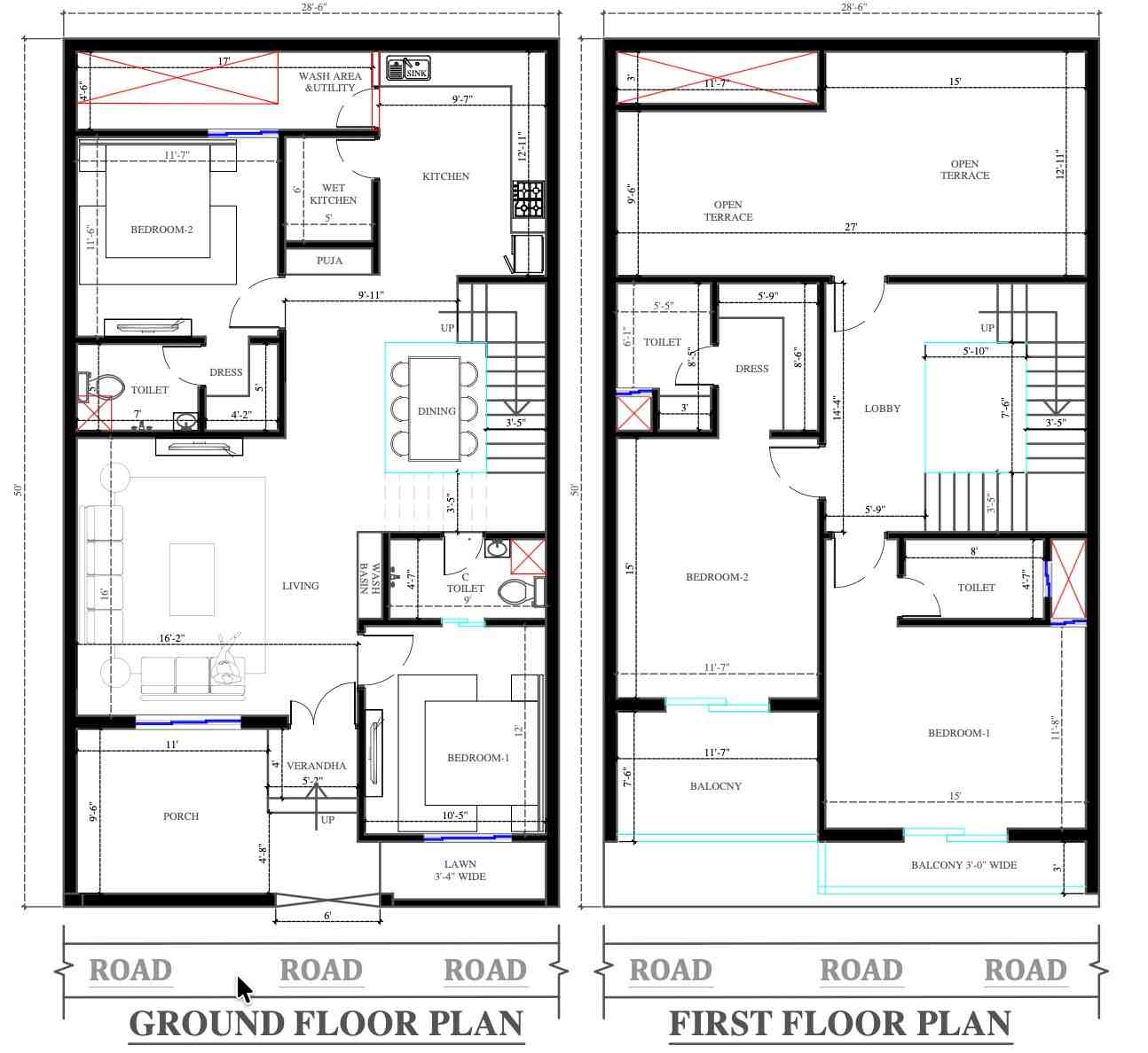 28 × 50 FT floor plan blueprint - Smart Modern Townhouse Plan
