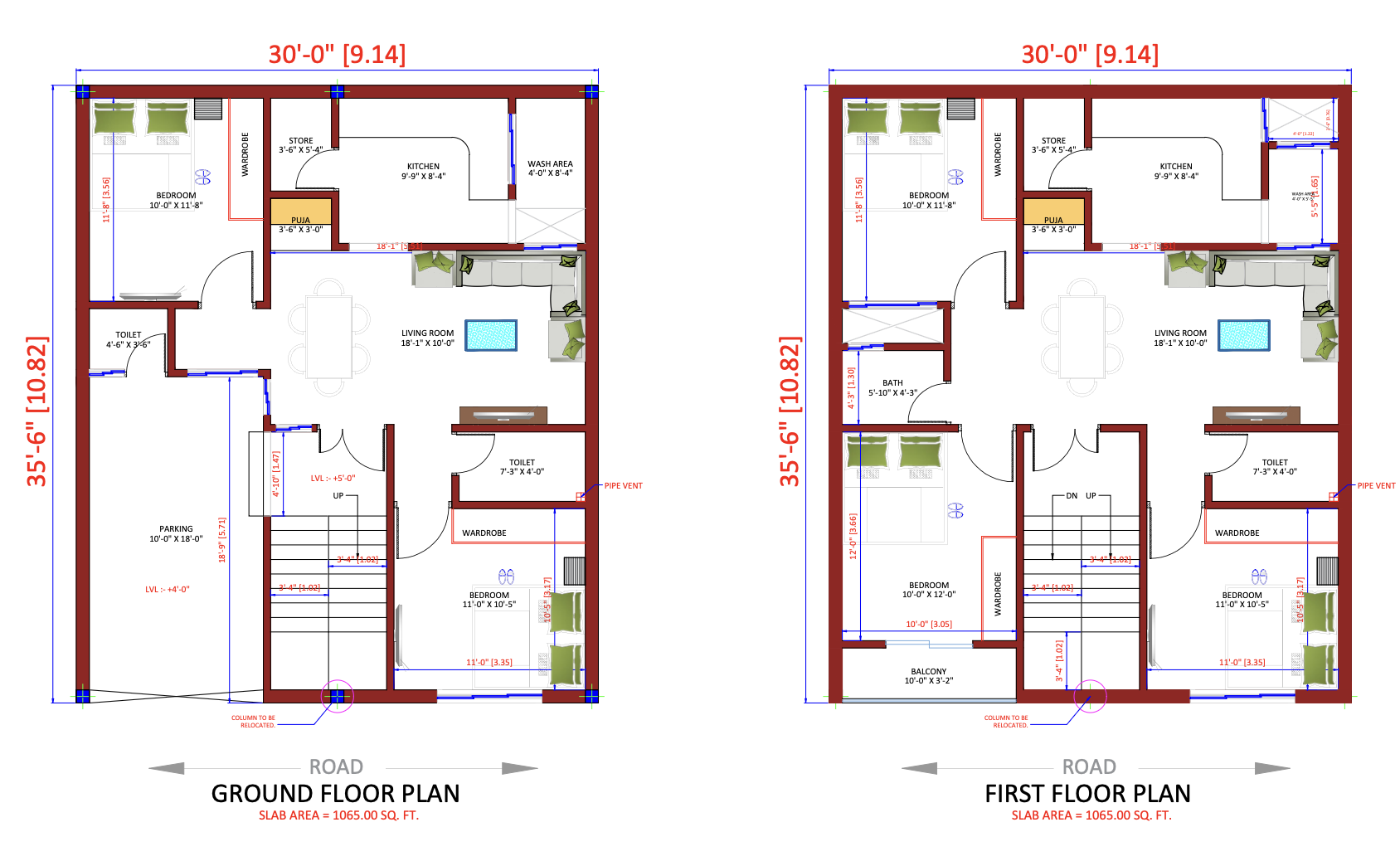 30 × 35 FT floor plan blueprint - Square Plot Urban Villa Plan