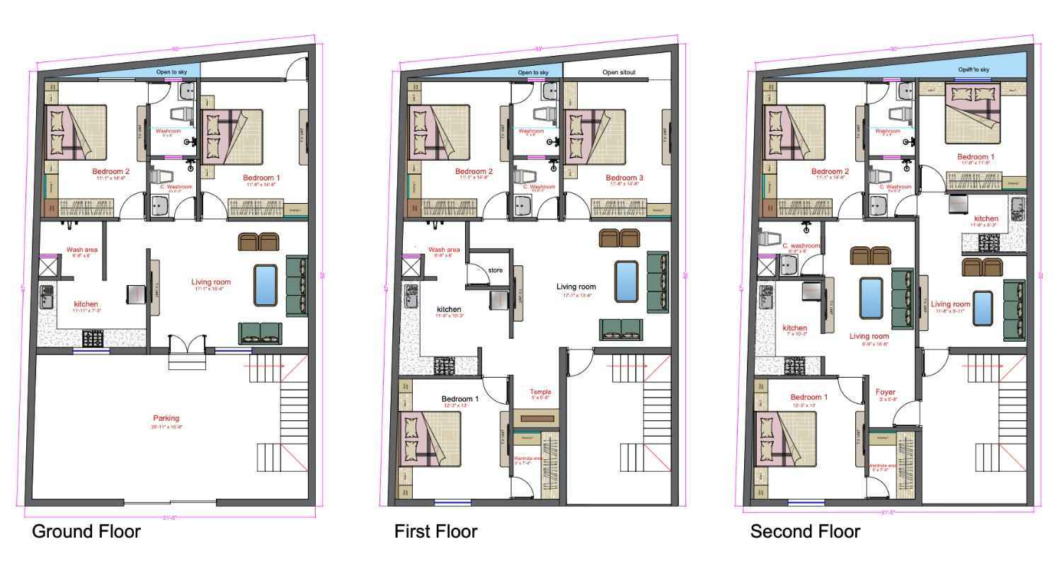 30 × 50 FT floor plan blueprint - Most Popular Indian Villa Plan