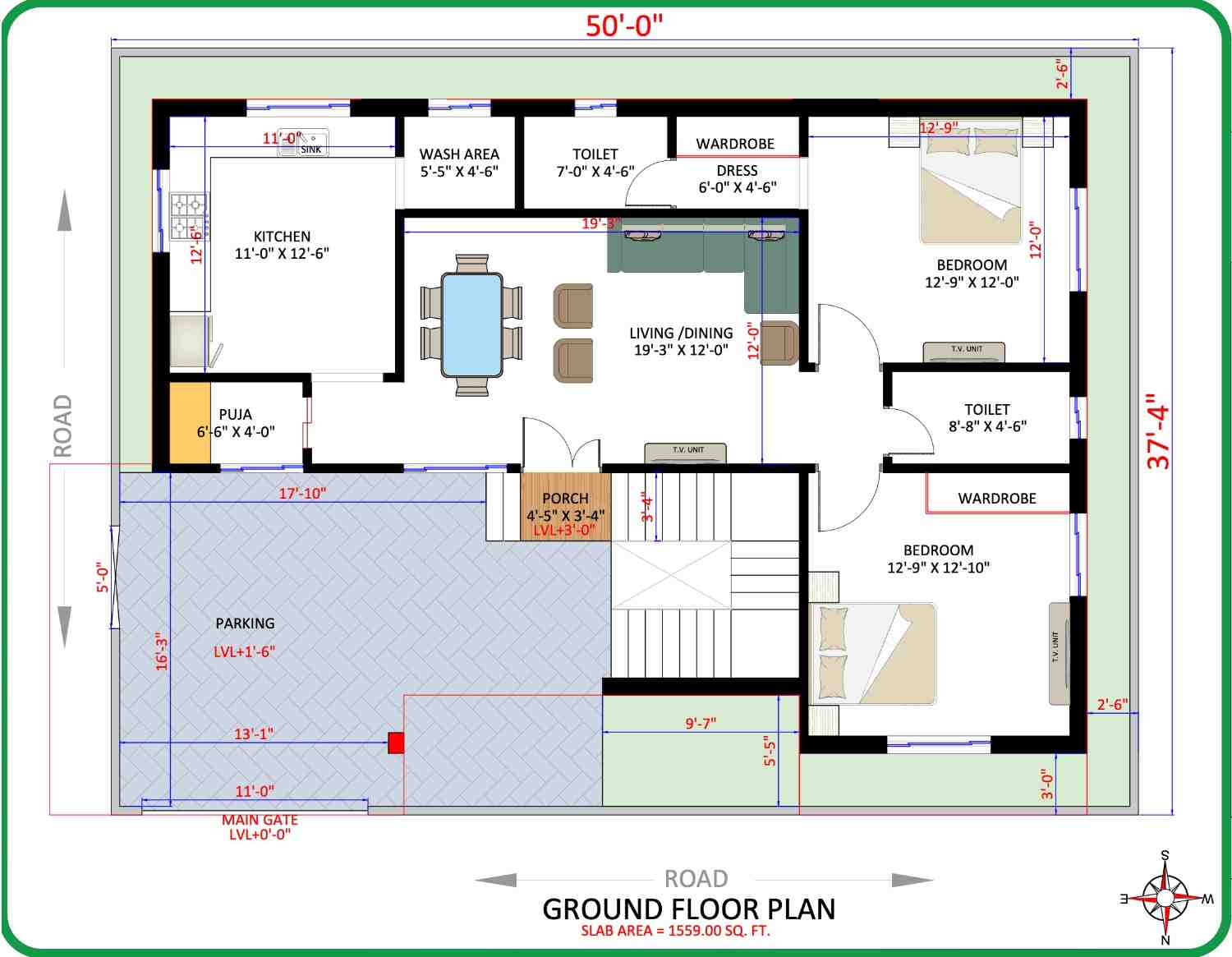 37 × 50 FT floor plan blueprint - Comfort Family Villa Layout
